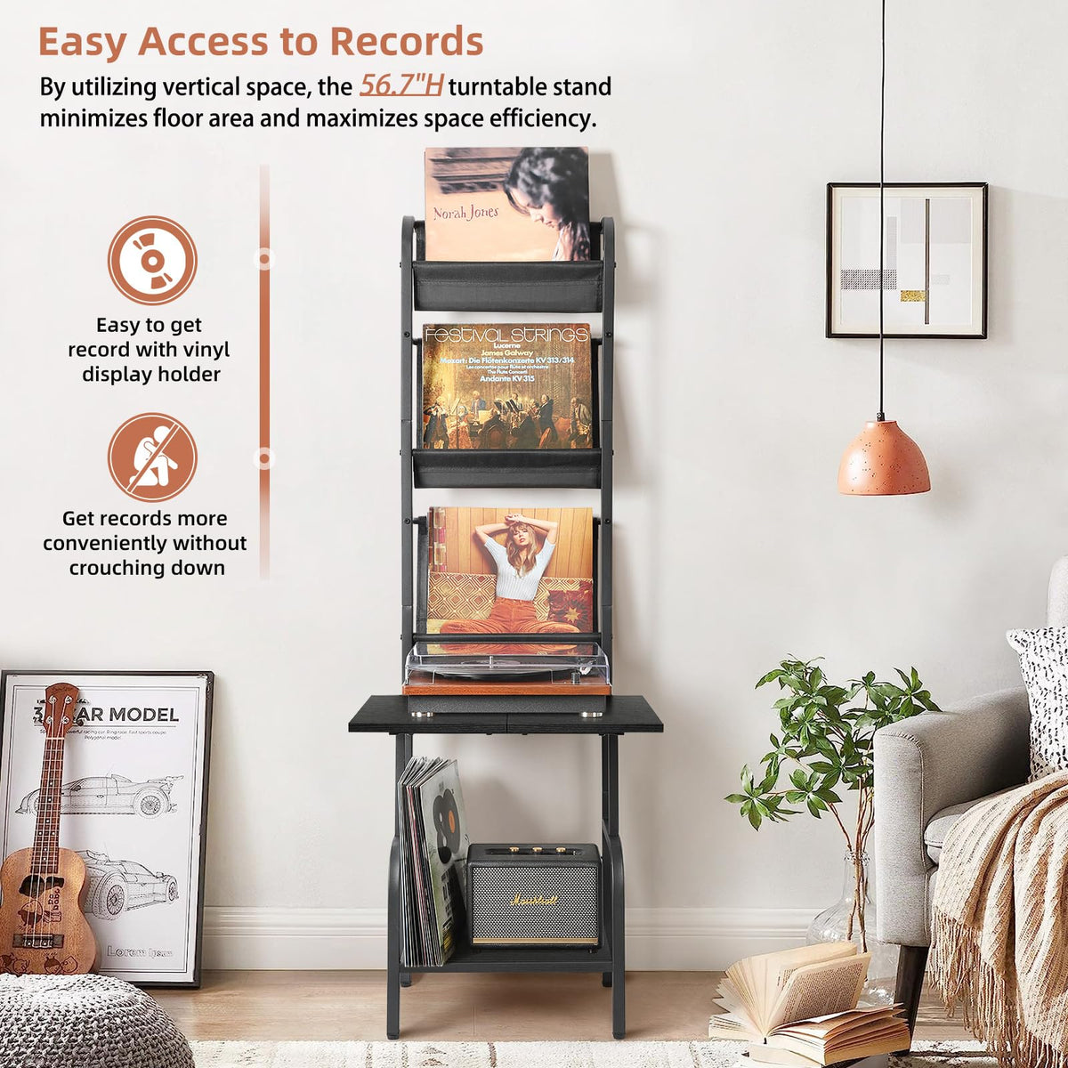 Three-layer vinyl rack with two shelves keeping records organized and visible.