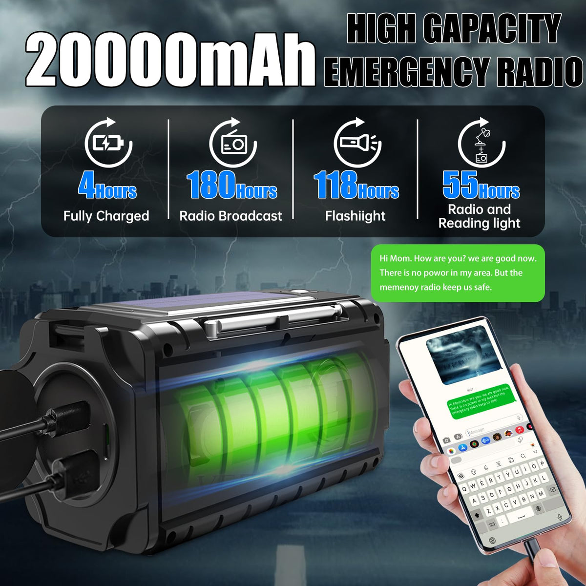 TFTDOUP emergency radio showing solar charging readiness for daylight recharges.