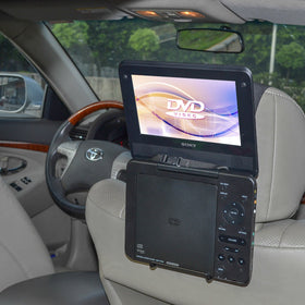 TFY car headrest mount setup secures 7-10 inch DVD players for backseat viewing.