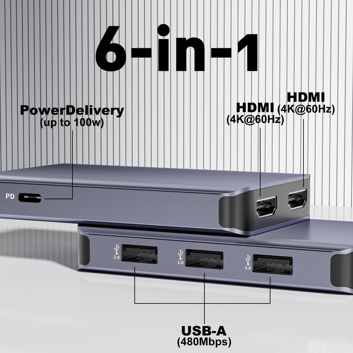 THANDBLE 6-in-1 docking station with USB-A ports and 100W PD charging.