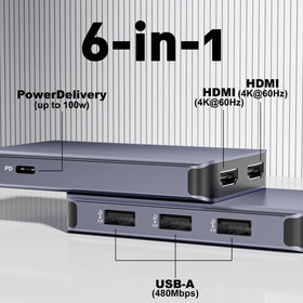 THANDBLE 6-in-1 docking station with USB-A ports and 100W PD charging.