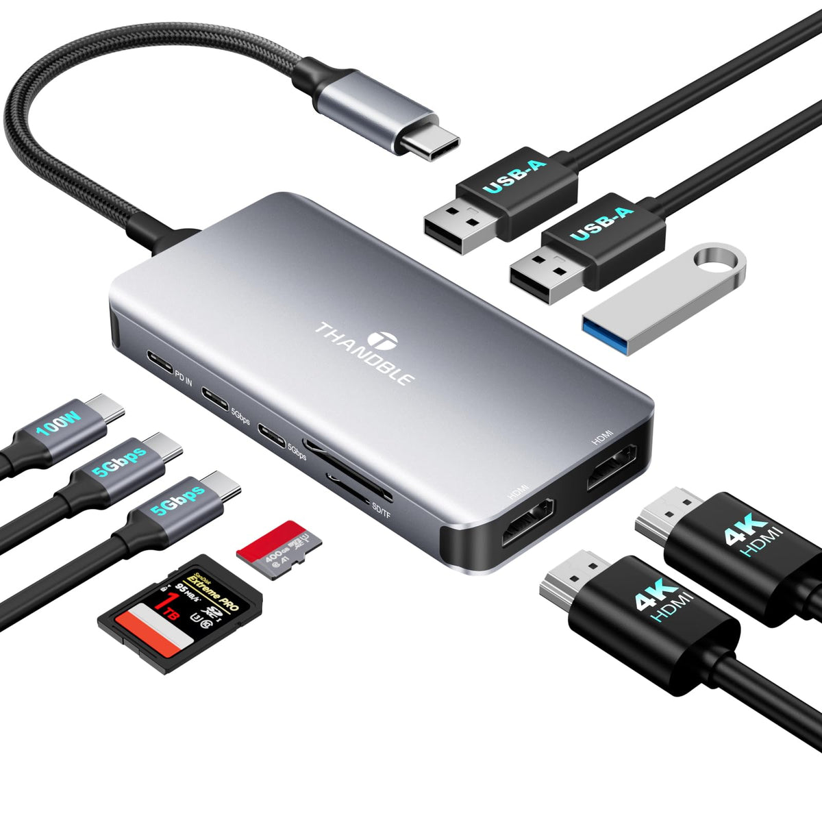 THANDBLE docking station front view showing ports and compact design for tidy workstation