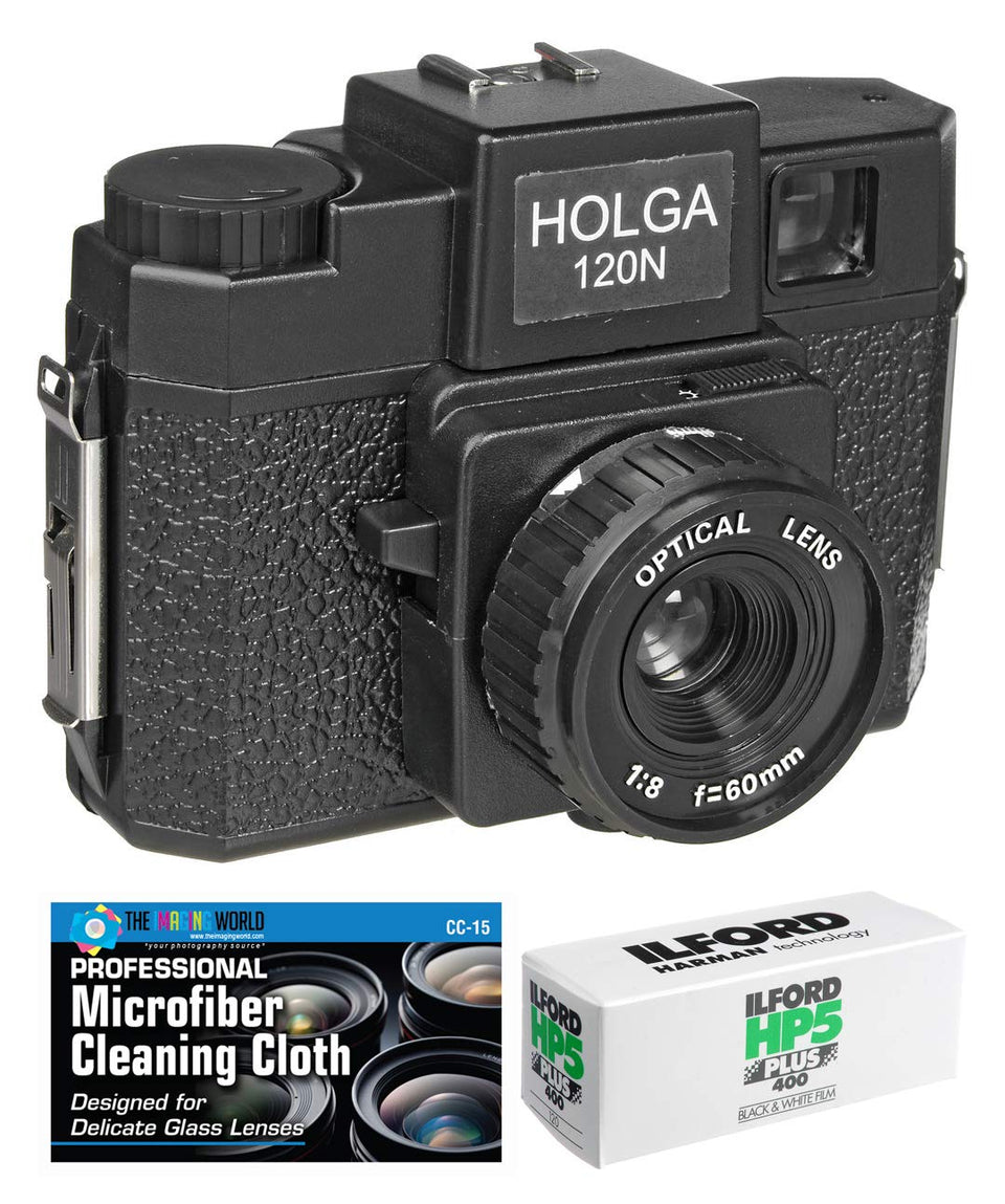 The Imaging World Holga 120N front view showing camera and included film kit, ideal for creative analog looks