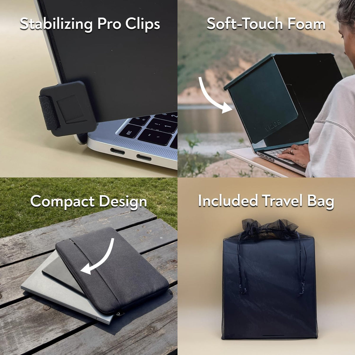 The Outdoor Workplace VIZOR Pro mesh pouch and microfiber cloth for tidy transport