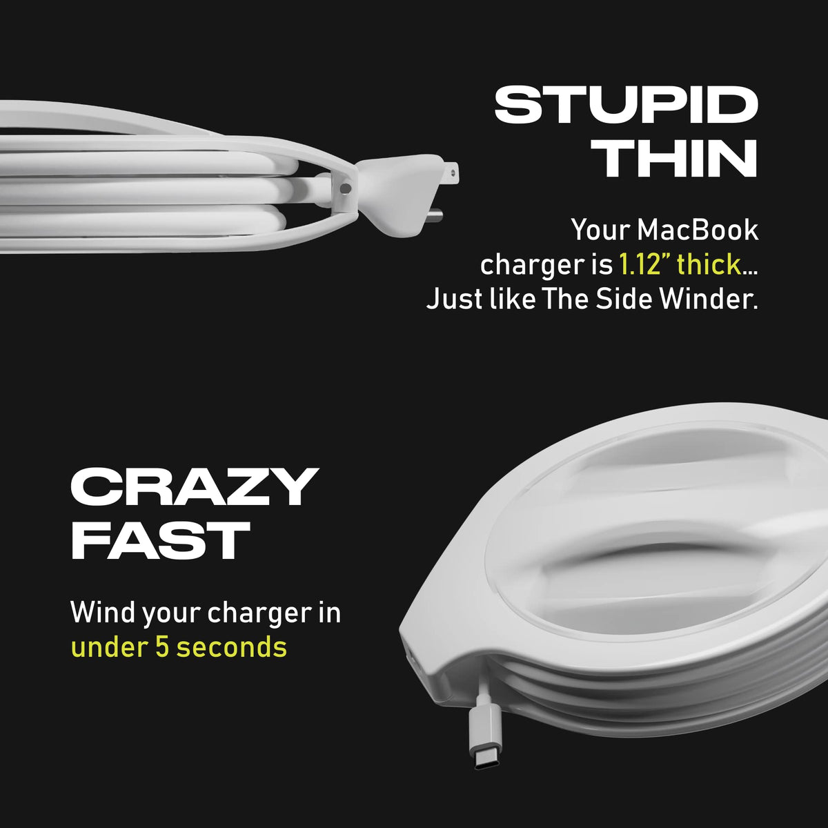 The Side Winder sizing guide view clarifies compatible MacBook charger models.