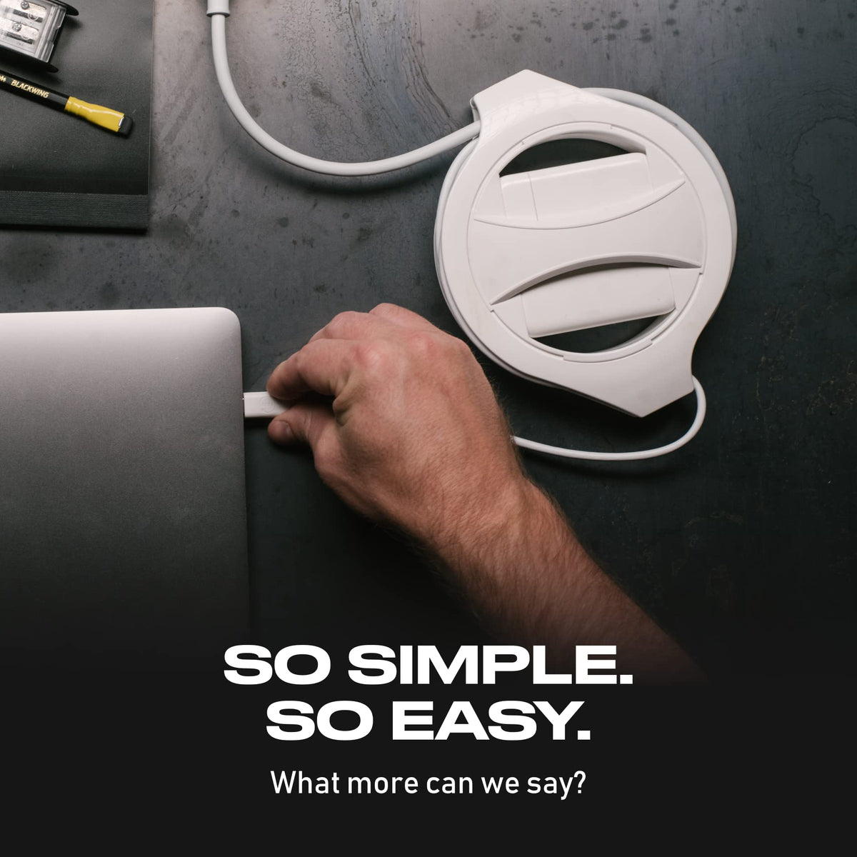 The Side Winder travel and desk case keeps cables organized on the go.