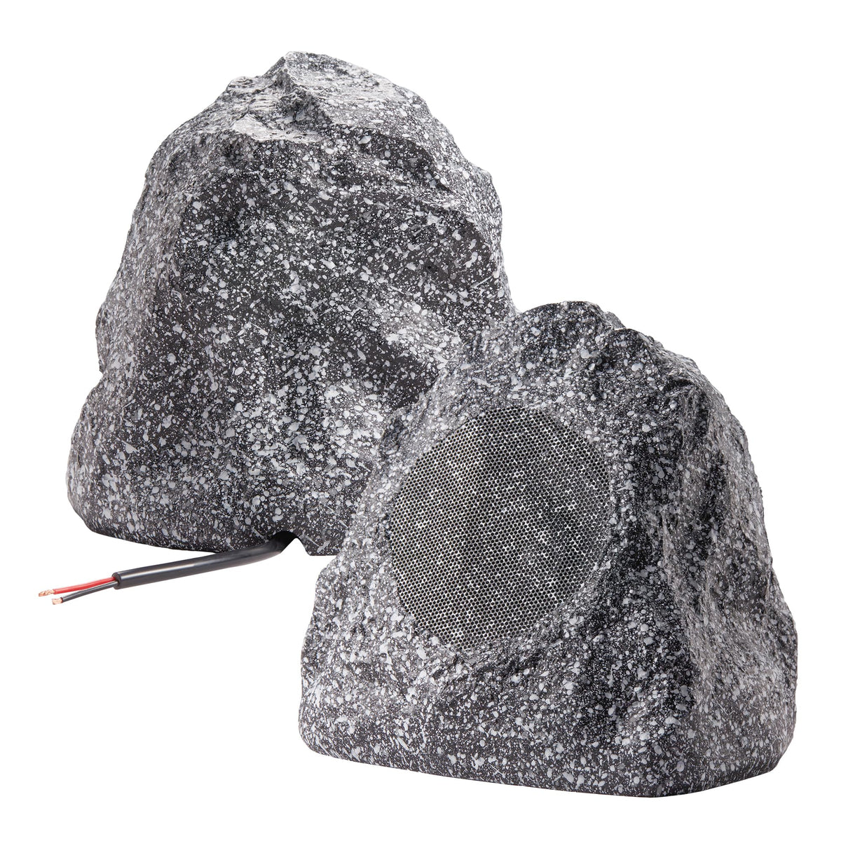 Theater Solutions 2R4G granite rock speaker on a patio for outdoor sound