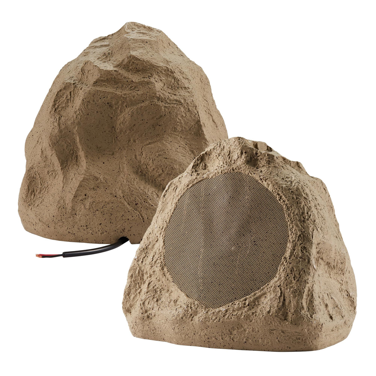 Theater Solutions 2R6S outdoor sandstone rock speaker on deck for backyard audio.