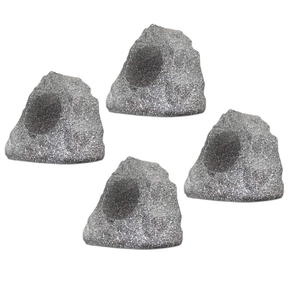 Theater Solutions 4R4G rock speaker front granite-grey enhances outdoor ambiance.