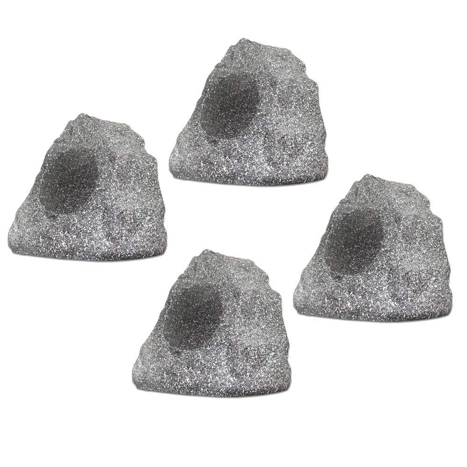 Theater Solutions 4R4G rock speaker front granite-grey enhances outdoor ambiance.