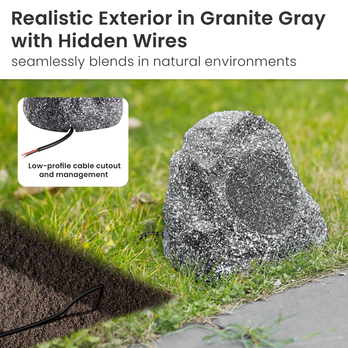 Theater Solutions 4R4G rock speaker side-angle for immersive yard audio.