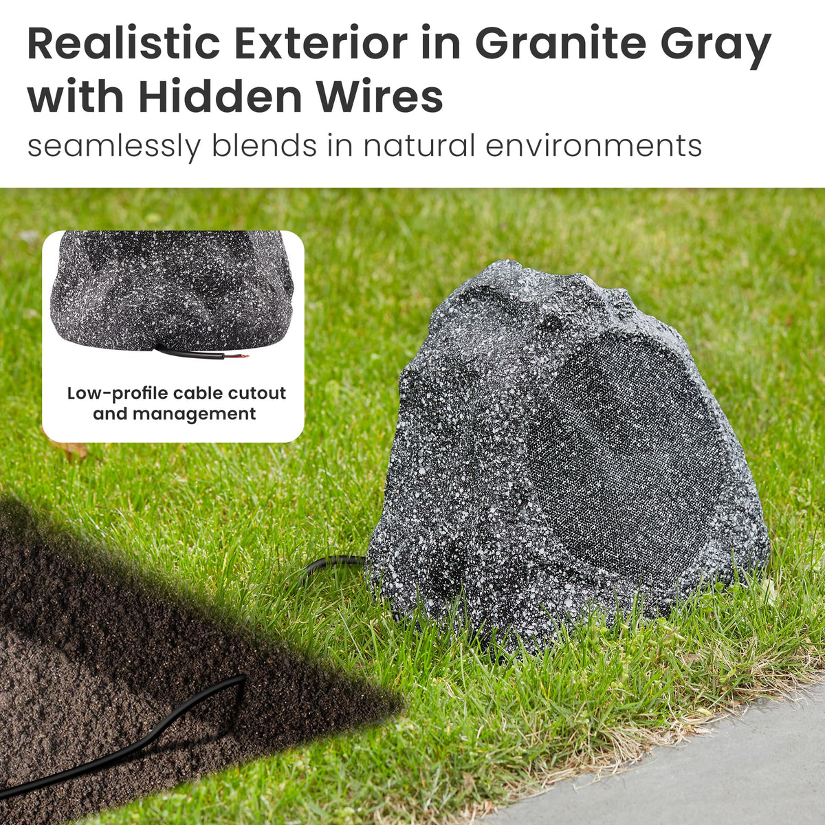 Theater Solutions rock speaker upward tilt design directs sound toward listeners outdoors.