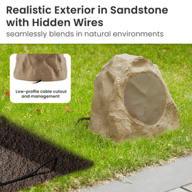 Theater Solutions sandstone rock speakers side angle highlighting rugged weatherproof design
