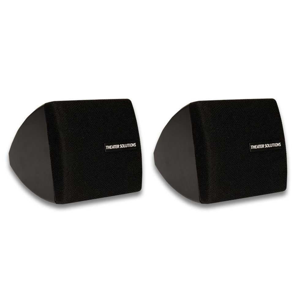 Theater Solutions TS30B front view showing compact black cabinet and grille, ideal for discrete home audio