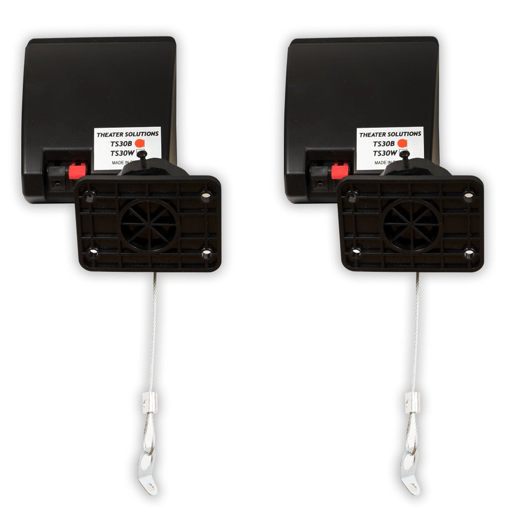 Theater Solutions TS30B beside a hand to show scale, emphasizing compact size for tight spaces