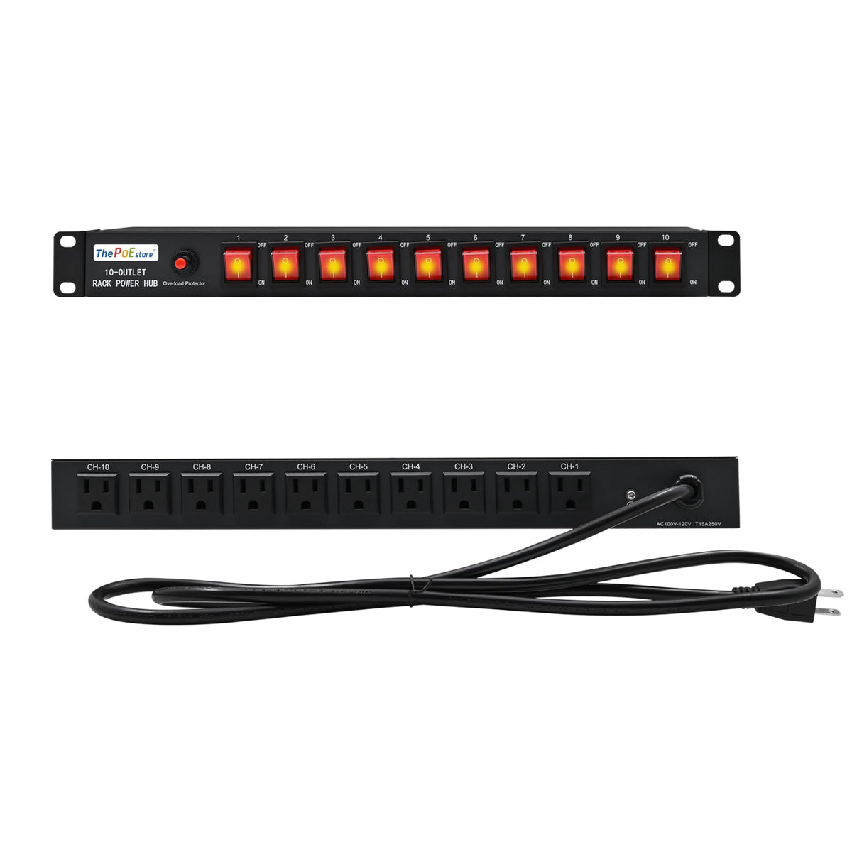 ThePoEstore 1U horizontal PDU front view for clean server power distribution.