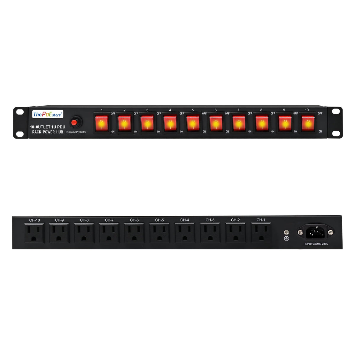 ThePoEstore 1U PDU front view with 10 outlets and surge protection