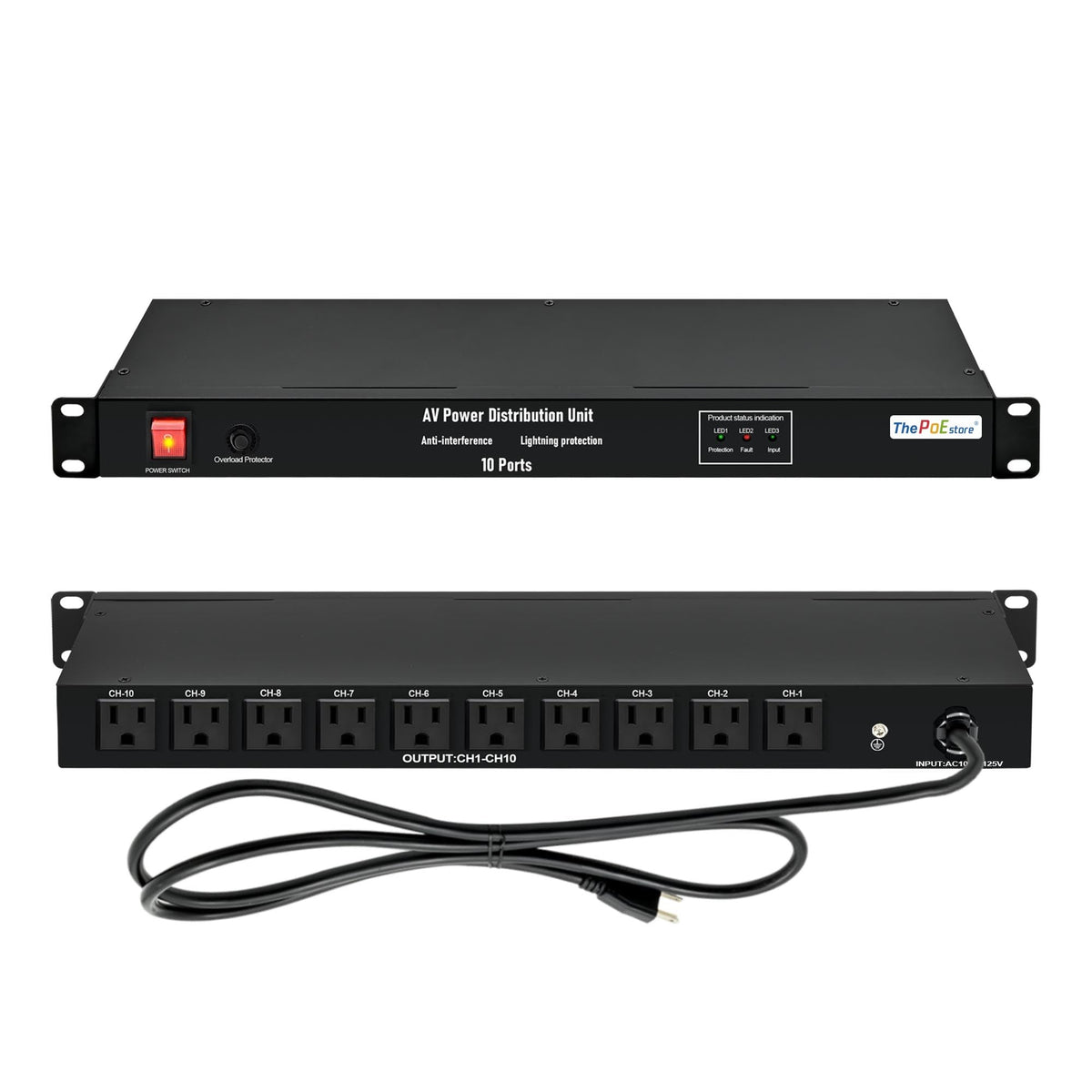 ThePoEstore 1U horizontal PDU with 10 outlets for rack-ready power.