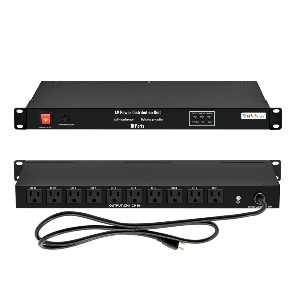 ThePoEstore 1U horizontal PDU with 10 outlets for rack-ready power.