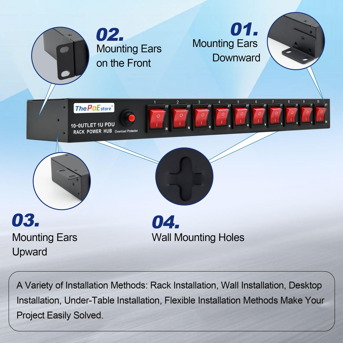 ThePoEstore 1U PDU rack mount ears for horizontal mounting