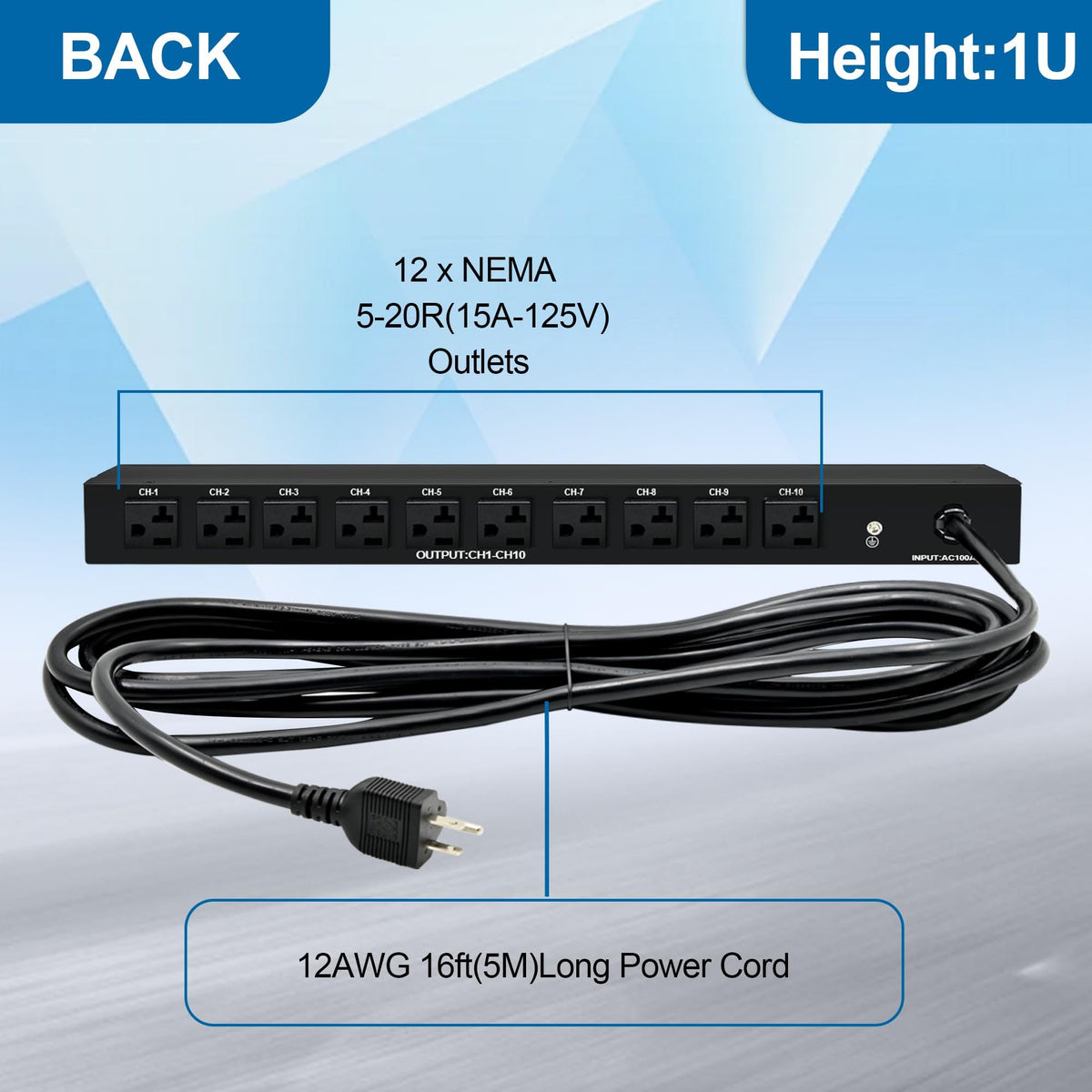 ThePoEstore 1U PDU 16 ft cord enables flexible rack placement.