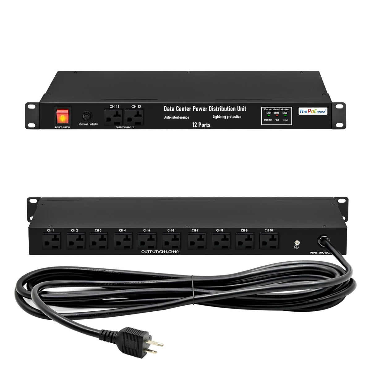 ThePoEstore 1U PDU front view with 12 outlets for versatile rack power.
