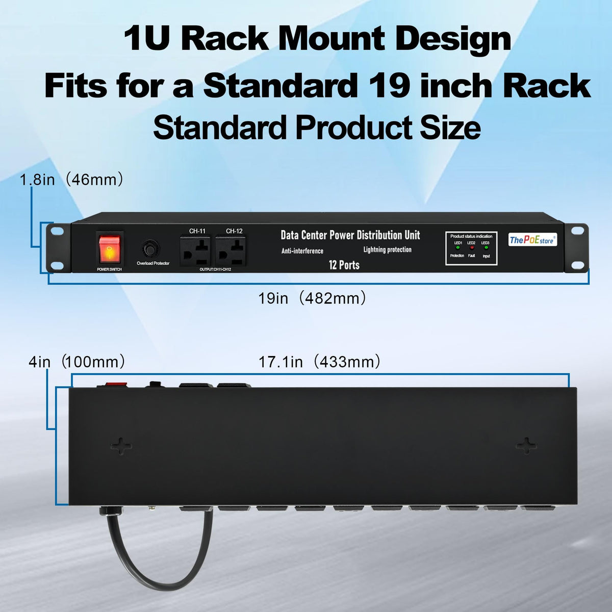 ThePoEstore 1U PDU detachable ears support horizontal or vertical mounting.
