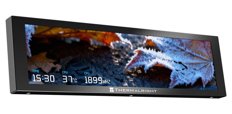 Thermalright Trofeo Vision front view showing clear system stats and bright colors