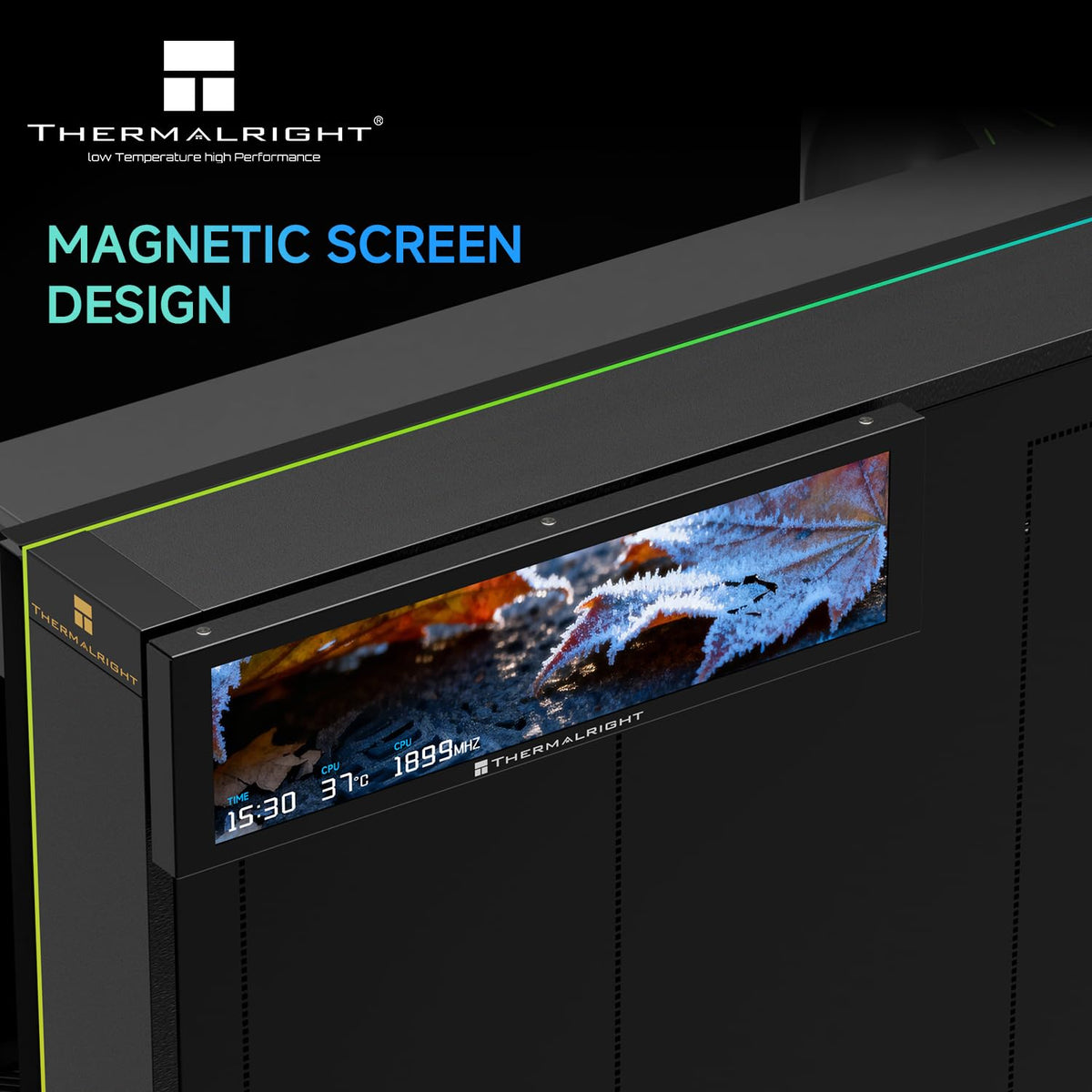Thermalright lifestyle desk shot with display showing media and monitoring benefit stylish customization