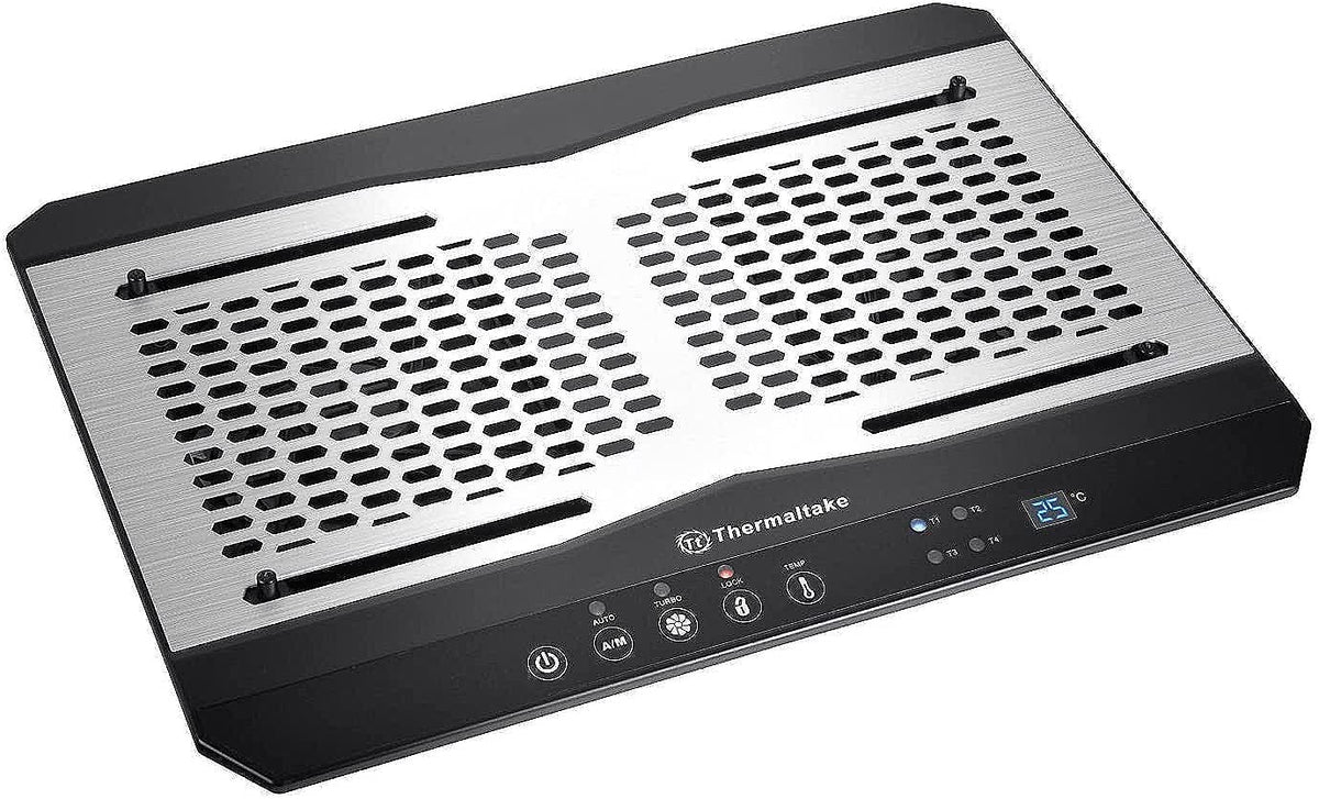 Thermaltake Massive TM aluminum notebook cooler with dual 120mm fans for flexible laptop cooling.