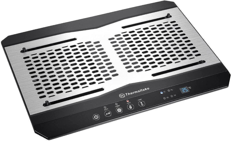 Thermaltake Massive TM aluminum notebook cooler with dual 120mm fans for flexible laptop cooling.