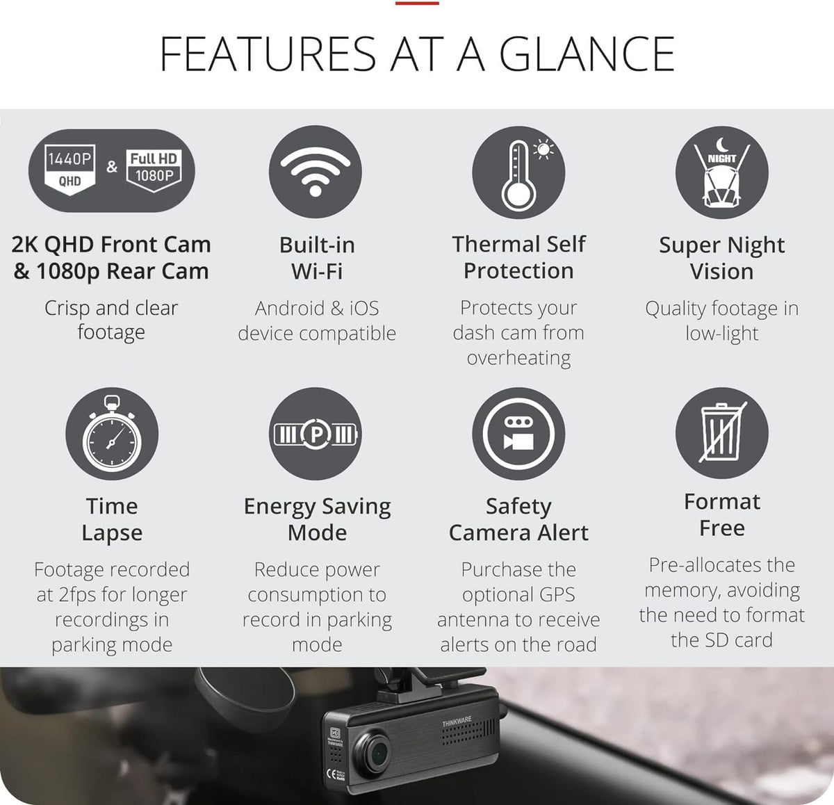 THINKWARE Q200 rear camera 2K records the rear view for complete coverage.