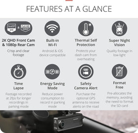 THINKWARE Q200 rear camera 2K records the rear view for complete coverage.