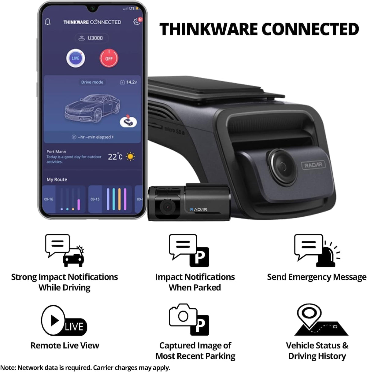 Thinkware U3000 GPS and radar alerts add location context and awareness.