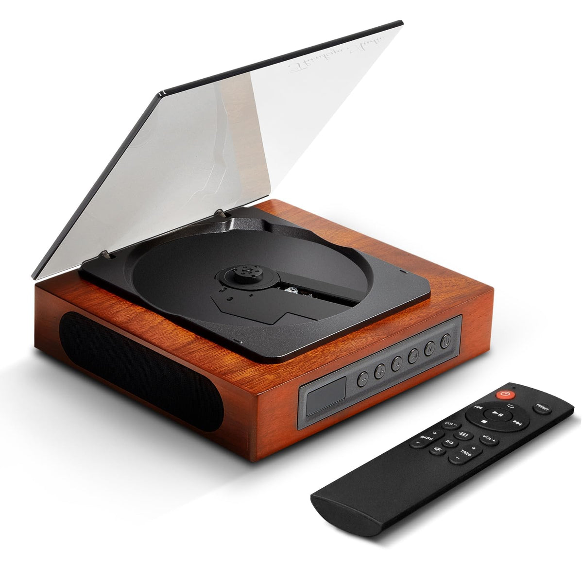 THINKYA front view showing speakers and retro wood finish, enhancing room atmosphere