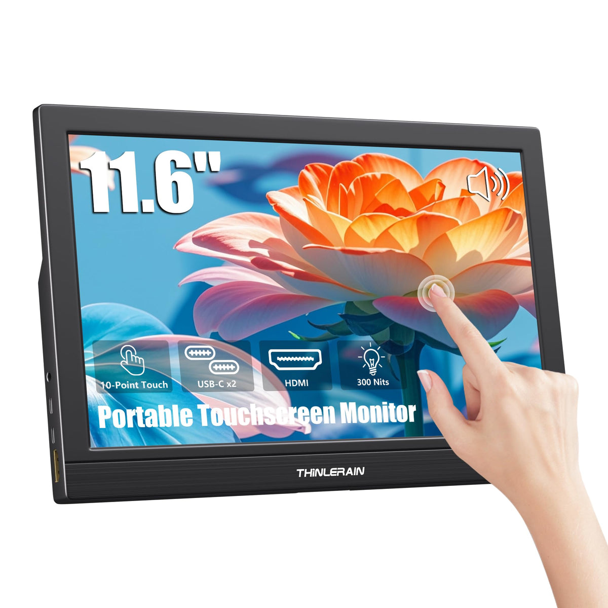 Thinlerain 11.6-inch portable monitor front view with touch capability for precise input