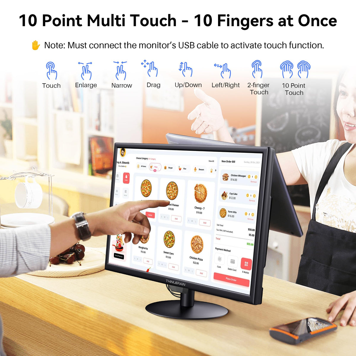Thinlerain 19-inch touchscreen showing side ports for quick connectivity.
