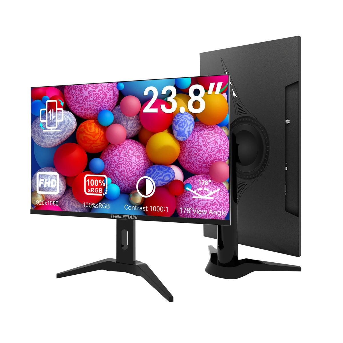 Thinlerain 23.8-inch monitor front view with a slim frame for efficient desk space.