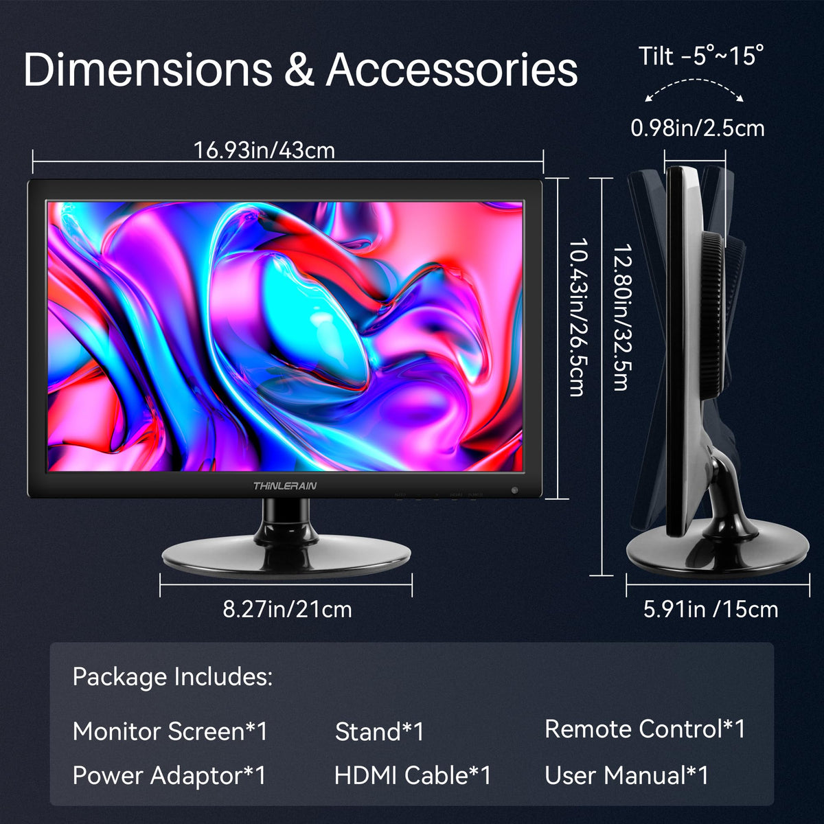 Thinlerain Thinlerian 17.3-inch monitor in the box includes stand, remote, power adaptor, and HDMI cable