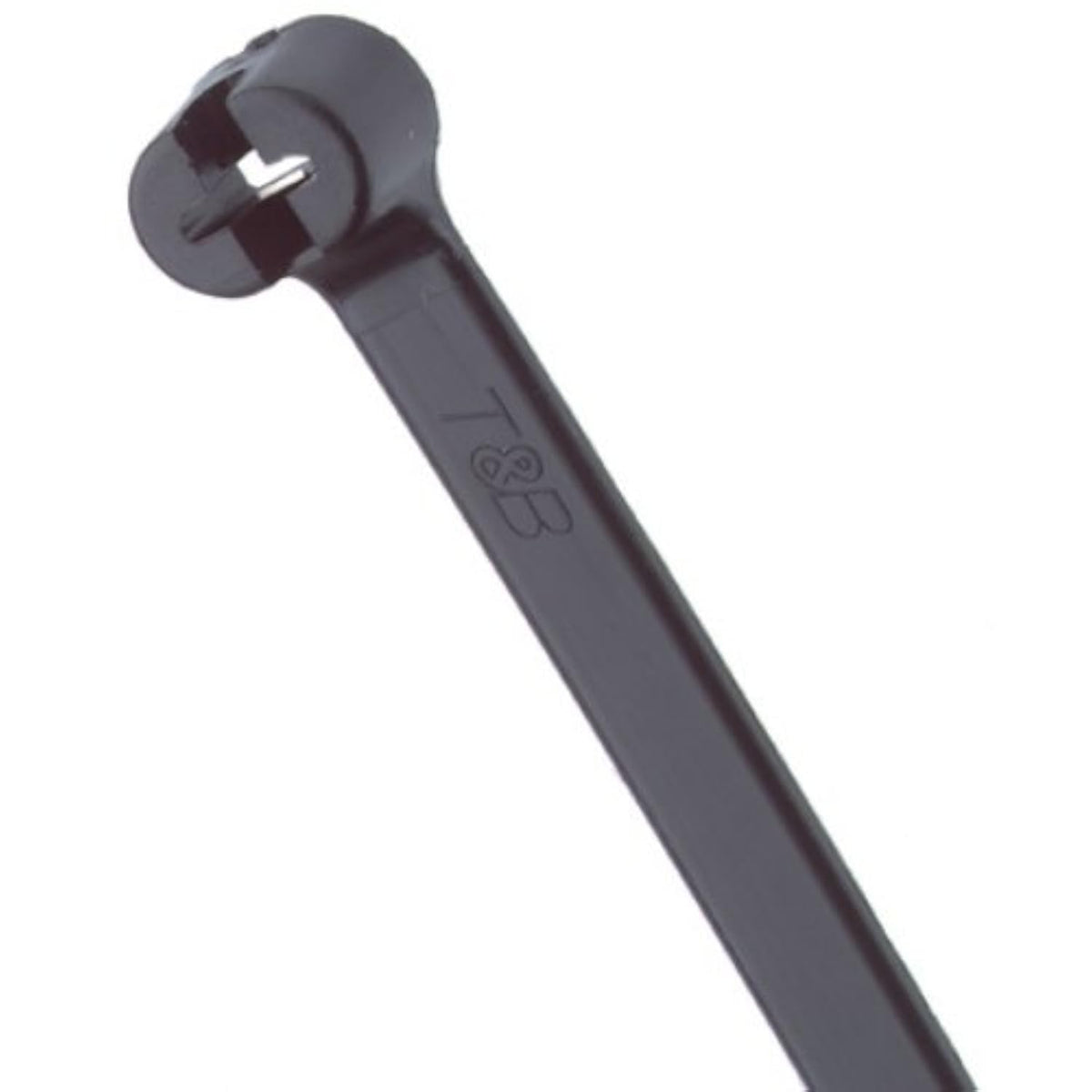 Thomas & Betts Ty-Rap TY5232MX cable tie in UV-resistant black nylon secures bundles with stainless steel lock.