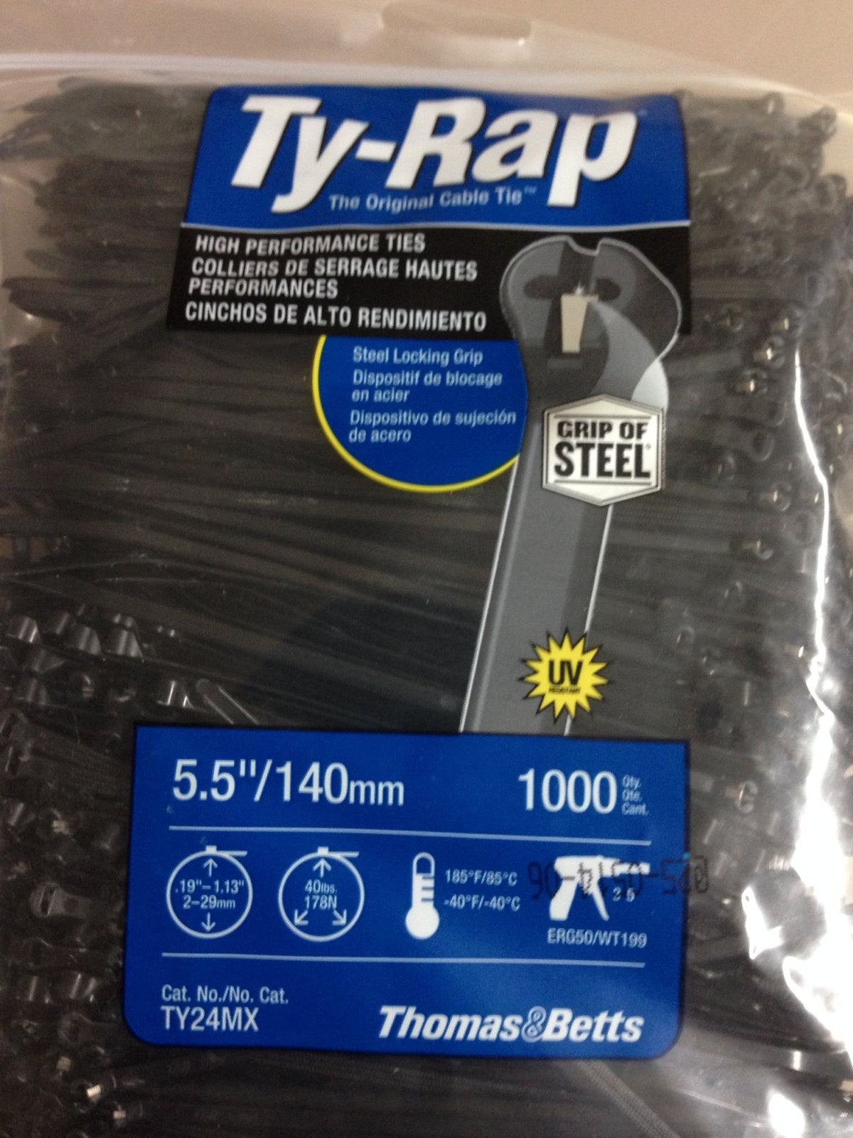 Close-up of TY24MX stainless steel locking device securing a bundle
