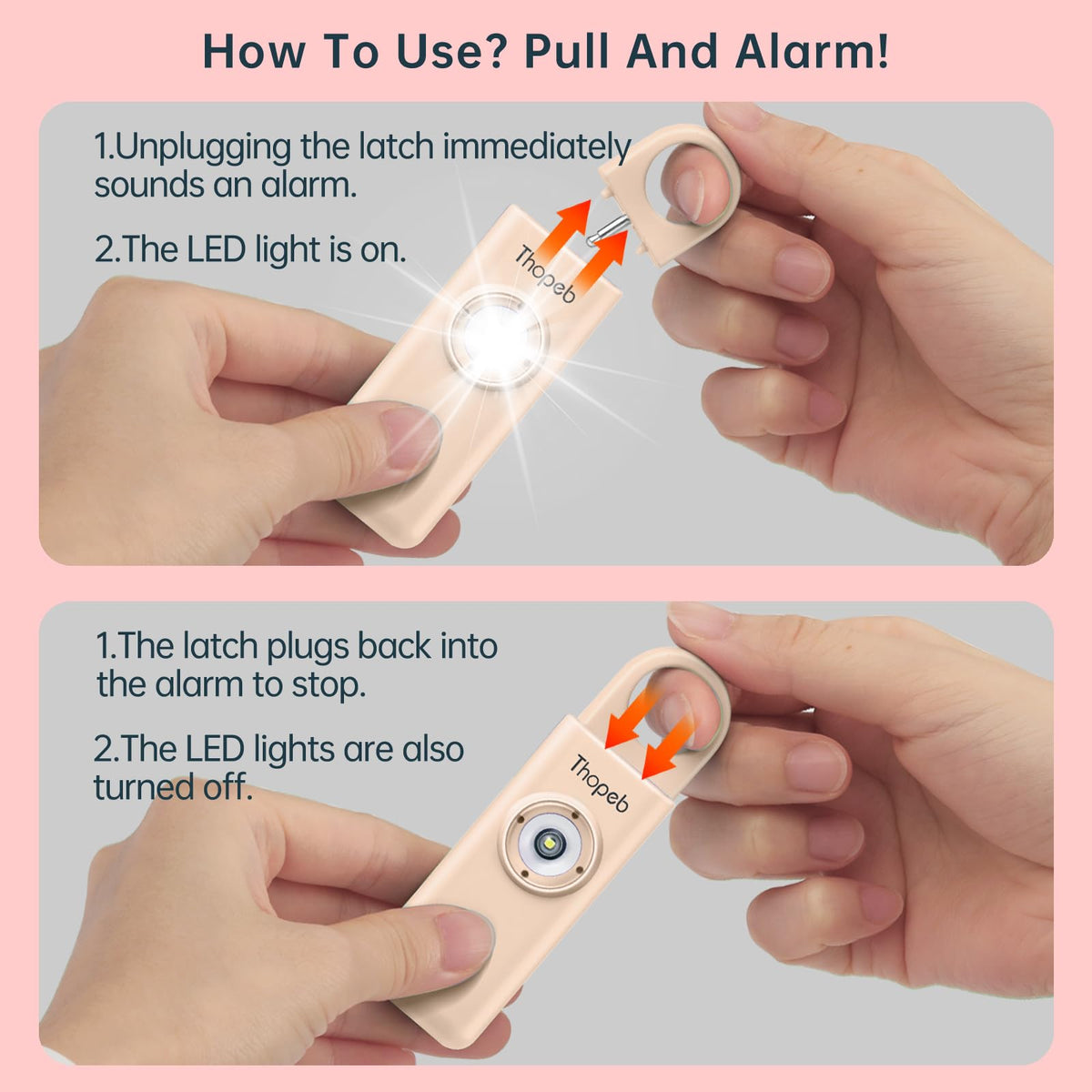 Thopeb alarm on keyring demonstrates 360° wear options for bags and belts.