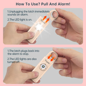 Thopeb alarm on keyring demonstrates 360° wear options for bags and belts.