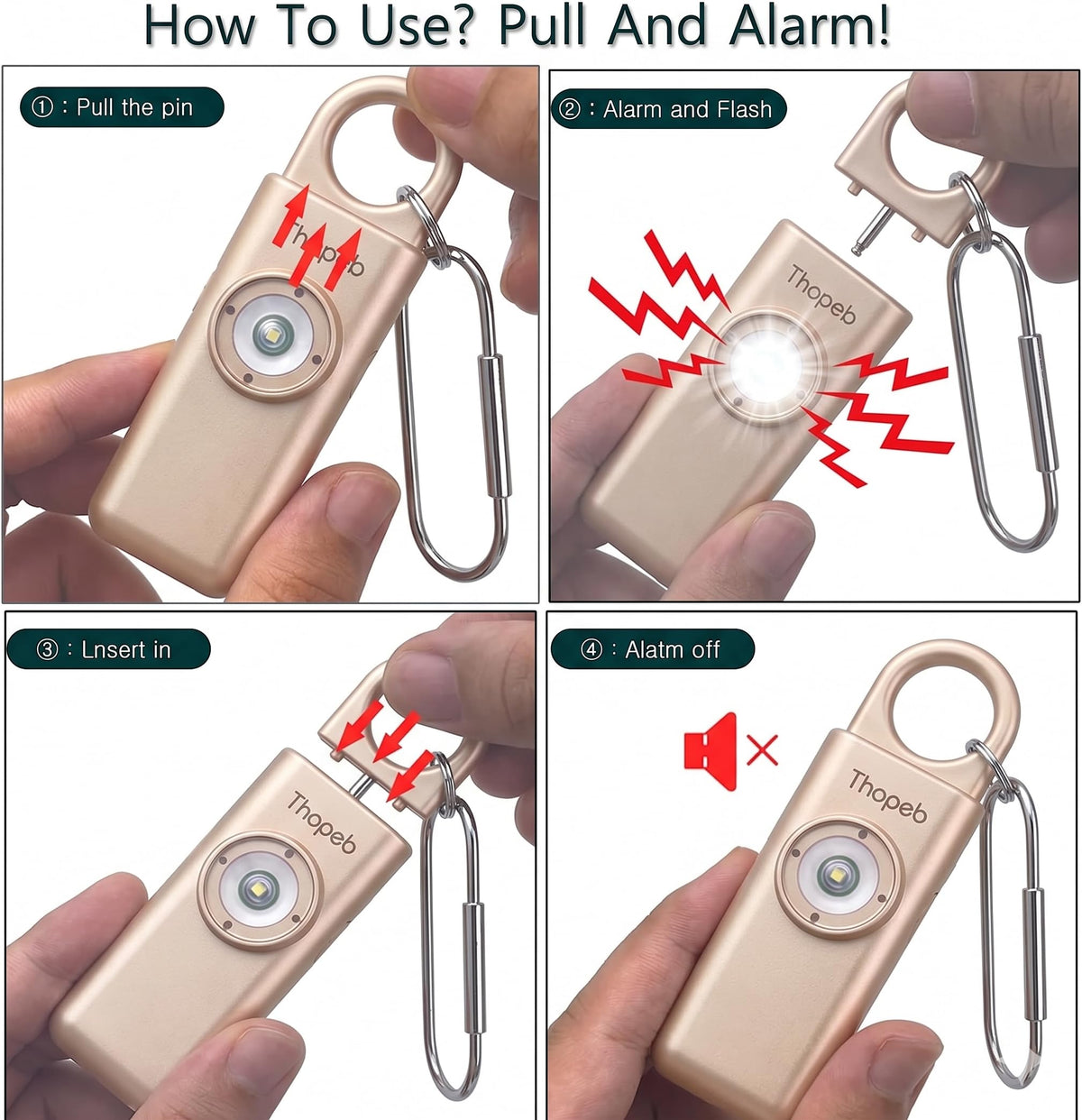 Thopeb alarm showing flashing strobe light for deterrence