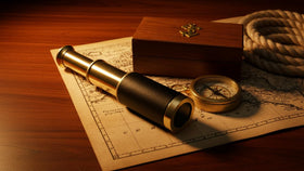 Brass telescope with wooden box highlights rustic nautical packaging