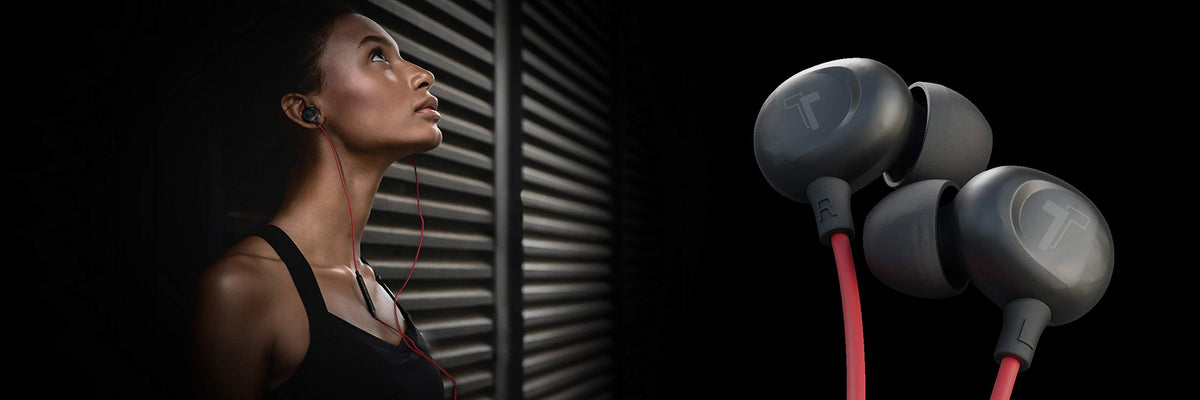Red Thore earphones packaging emphasizing portable connectivity.