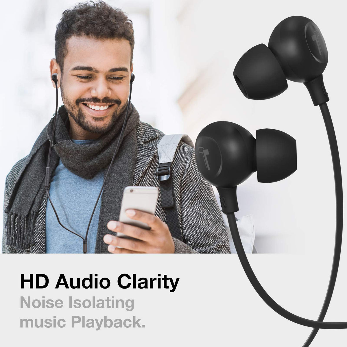 Thore V60 in-line remote showing mic and controls for hands-free use.