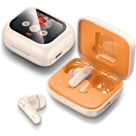 THREE PEACHES earbuds in compact charging case ready to go