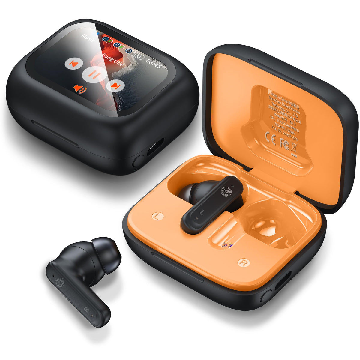 Three Peaches earbuds with compact charging case for on-the-go charging.