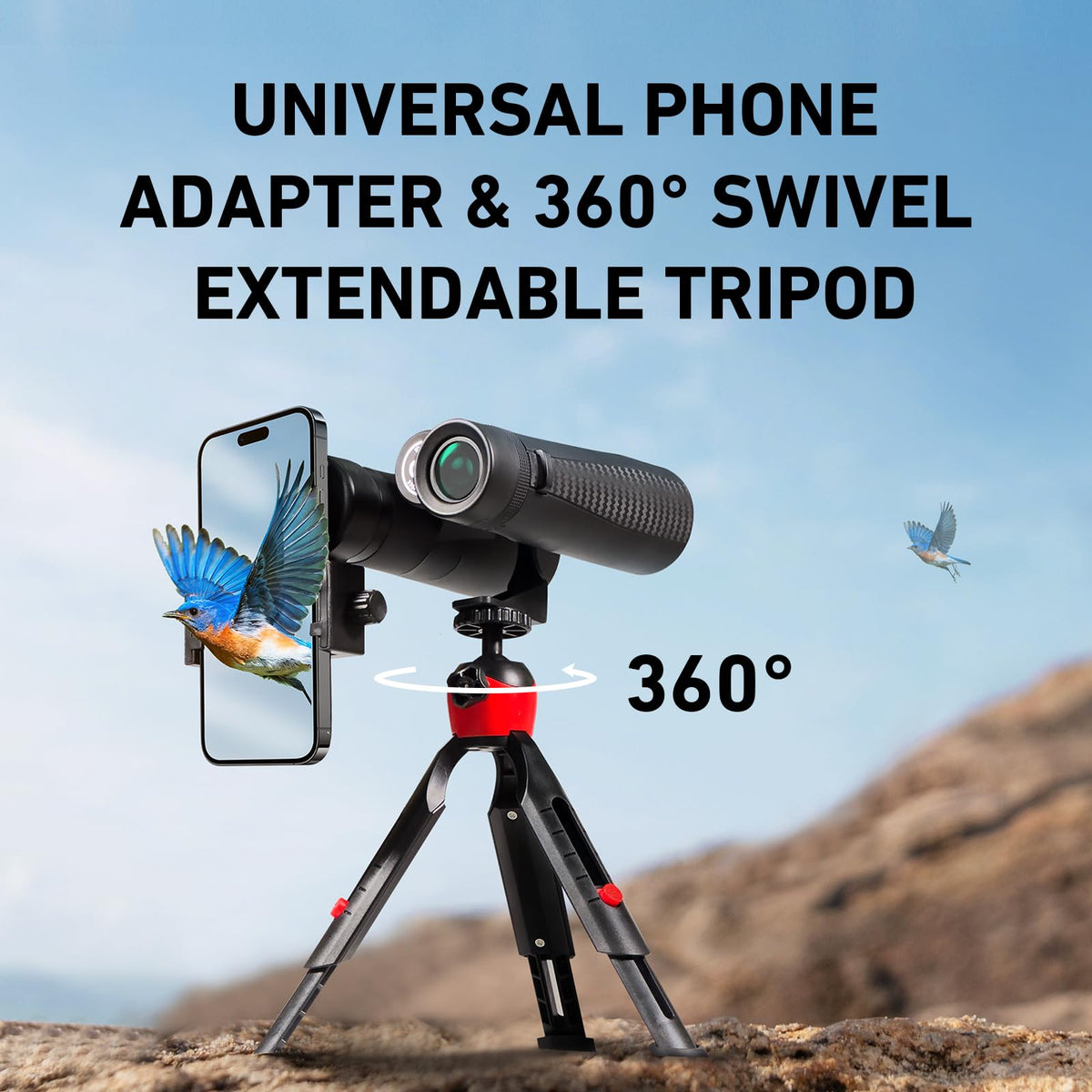 Three Triping binoculars on a tripod for stable viewing on uneven terrain.